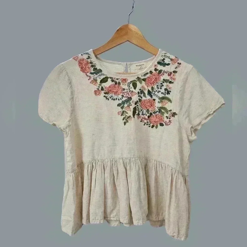 Cost Plus World Market Cream Peplum Blouse with Pink Floral Embroidery